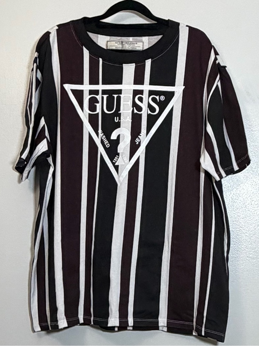Guess Men’s Black, Maroon & White Vertical Stripe Logo Tee